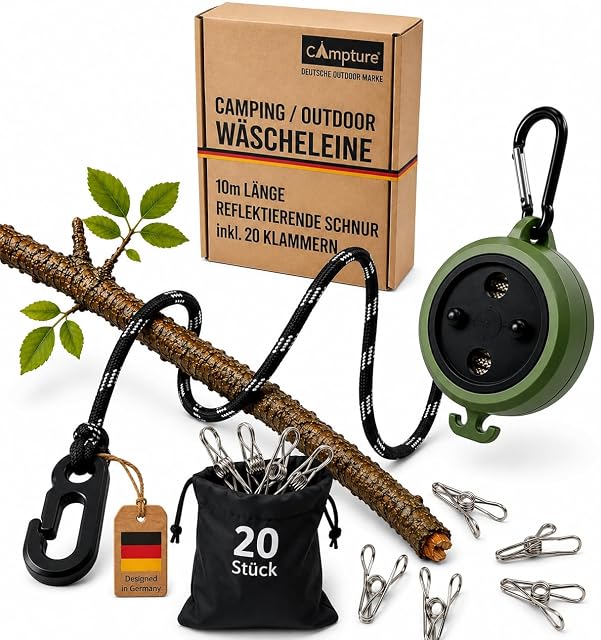 Filo per bucato da campeggio Campture riflettente con moschettone in acciaio inossidabile e clip