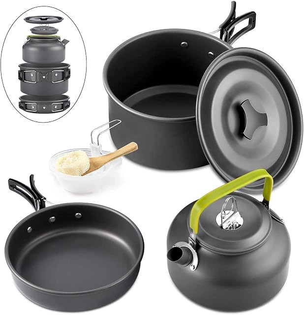 Kit di pentolame da campeggio in alluminio Queta da dieci pezzi con pentola, padella, bollitore e scodelle