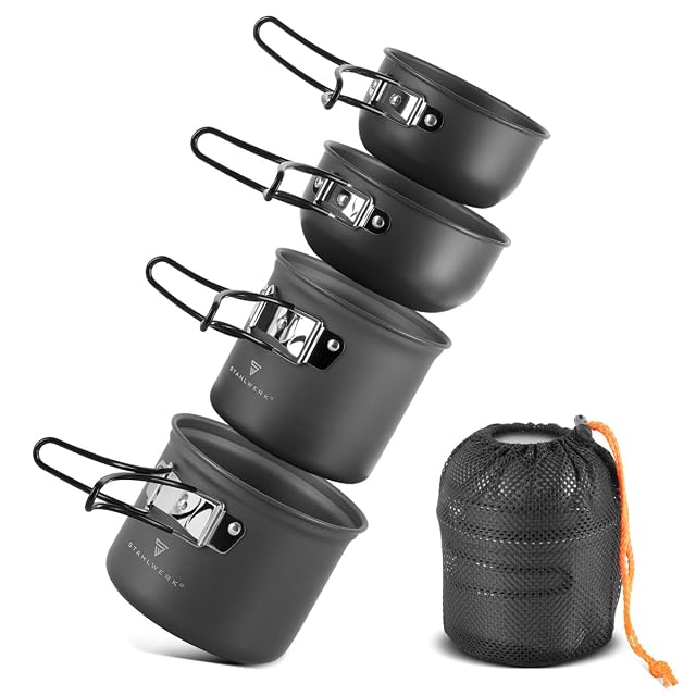 Set di pentole da campeggio in alluminio STAHLWERK da quattro pezzi con coperchi utilizzabili come padelle