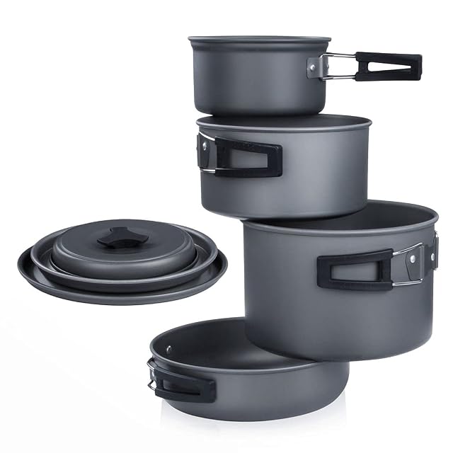 Set di pentole da campeggio yourGEAR Ranger V da sette pezzi in alluminio anodizzato duro con coperchi