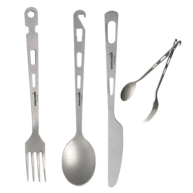 Coltello, forchetta e cucchiaio in titanio Dawn Deer con manici sabbiati