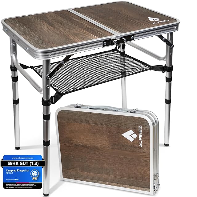 Tavolo da campeggio pieghevole ALPINEZ con piano in MDF, gambe in alluminio e ripiano in rete