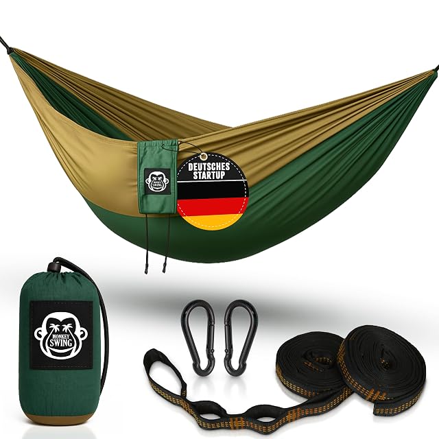 Amaca da campeggio ultraleggera Monkey Swing verde e cachi con fettucce rinforzate