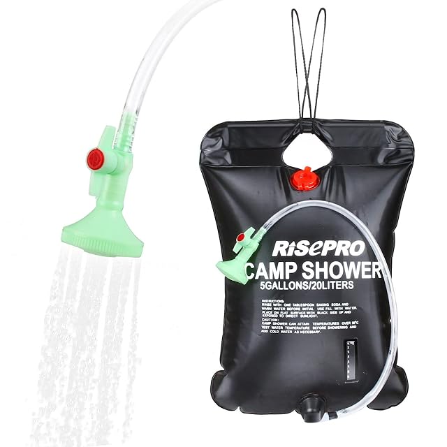 Sacca doccia solare RISEPRO nera da 20 litri con striscia indicatrice di temperatura e soffione