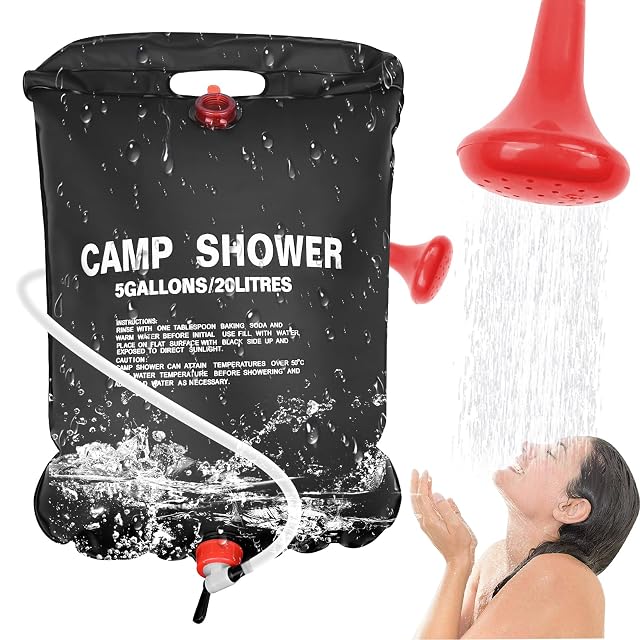 Sacca doccia da campeggio solare Traxenta in PVC nero da 20 litri con tubo staccabile