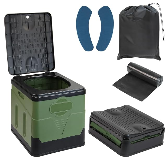 Wc da campeggio pieghevole Montafox verde e nero, a forma di cubo, con sacchetti igienici