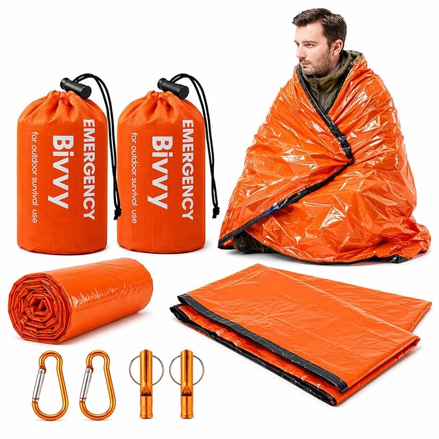 Sacco da bivacco di emergenza HappyDaily arancione in Mylar con busta con coulisse, fischietto e moschettone
