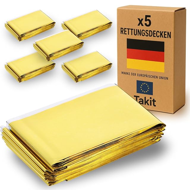 Confezione Takit da cinque teli termici in Mylar oro e grigi, ripiegati