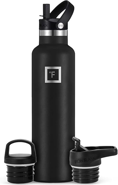 Borraccia IRON FLASK in acciaio inox nero verniciato a polvere con tre tappi intercambiabili