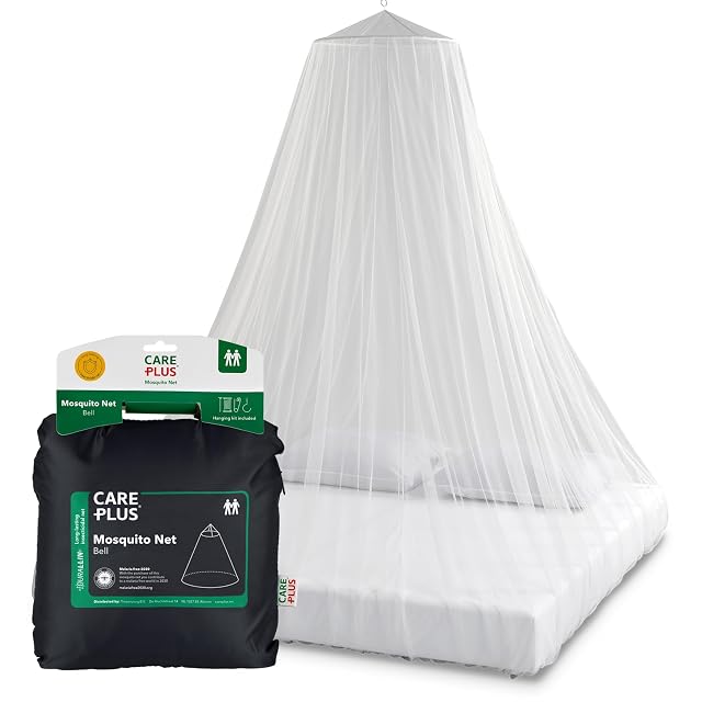Zanzariera Care Plus Bell Durallin appesa a campana sopra due posti letto