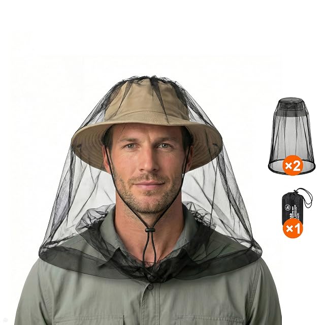 Zanzariera da testa iParaAiluRy nera oversize indossata sopra un cappello a secchiello, con la sua sacca con coulisse
