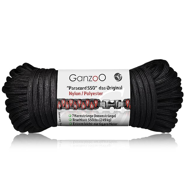 Paracord Ganzoo 550 nero avvolto, diametro 4 mm