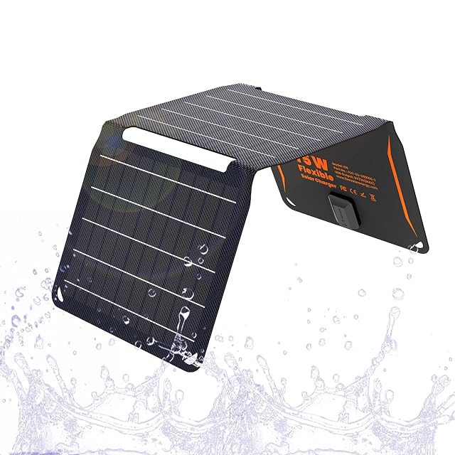 Pannello solare pieghevole FlexSolar da 15 W con moschettone da trekking e porte coperte in gomma