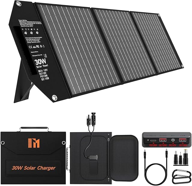 Pannello solare pieghevole Mesuvida da 30 W con uscite MC4, DC e USB e supporto regolabile