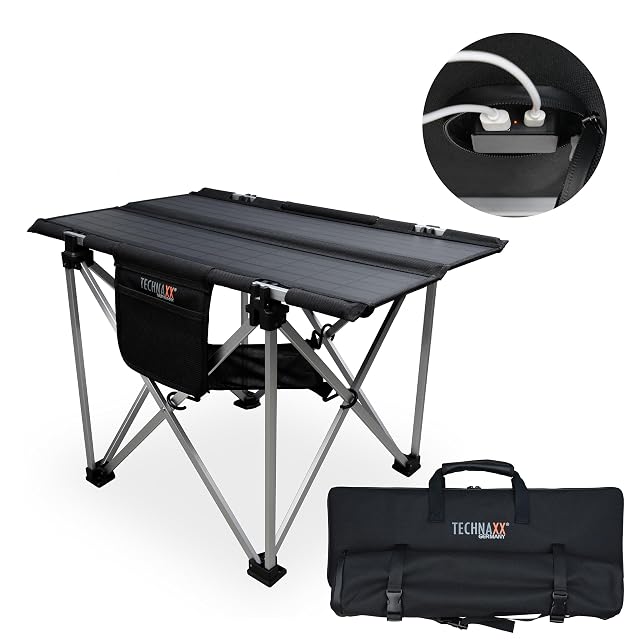 Tavolo da campeggio pieghevole Technaxx TX-251 con un pannello solare da 20 W che ne forma il piano