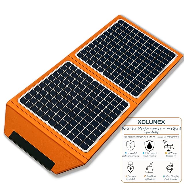 Pannello solare pieghevole Xolunex da 20 W in tessuto 900D con due uscite USB e cavo multiconnettore