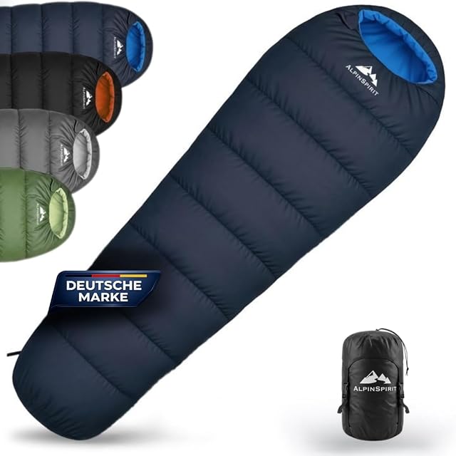 Sacco a pelo a mummia AlpinSpirit blu con cinghie di compressione e sacca di trasporto