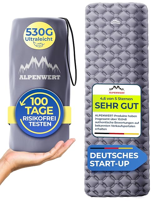 Materassino gonfiabile da campeggio Alpenwert grigio dal profilo sagomato, con kit di riparazione