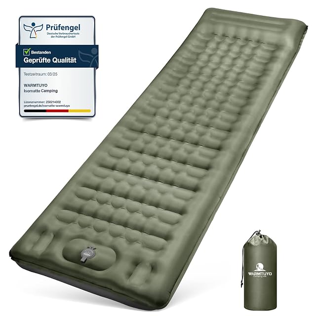 Materassino gonfiabile da campeggio WARMTUYO verde militare con valvola a pompa a pedale e cuscino integrato morbido