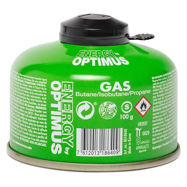 Cartuccia di gas a filettatura a vite Optimus da 100 g con il suo cappuccio di protezione della valvola