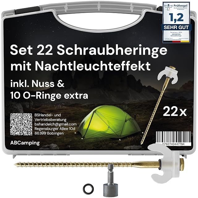Picchetti a vite in acciaio ABCamping con ganci luminosi, O-ring e un inserto in una cassetta