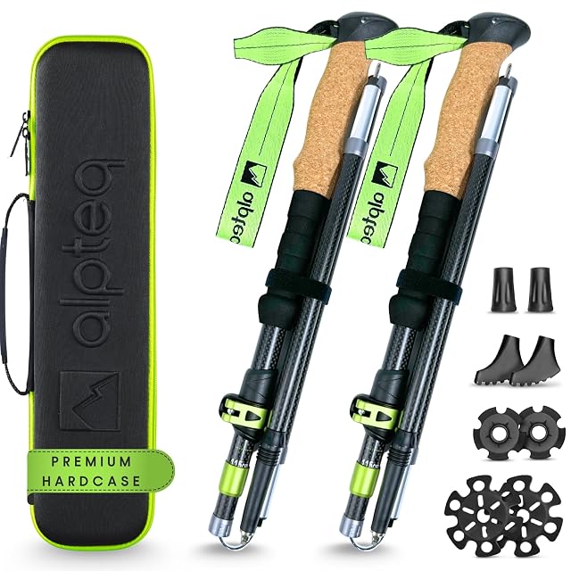 Bastoncini da trekking pieghevoli in carbonio Alpteq verde lime con impugnature in sughero
