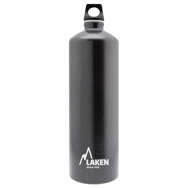 Borraccia in alluminio grigio granito Laken Futura con un tappo a vite e un’asola di trasporto